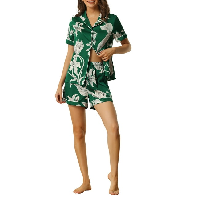 INSPIRAR CHIC Conjunto de Pijama de Verano para Mujeres, Camisa de Botones con Pantalones Cortos, Color Verde