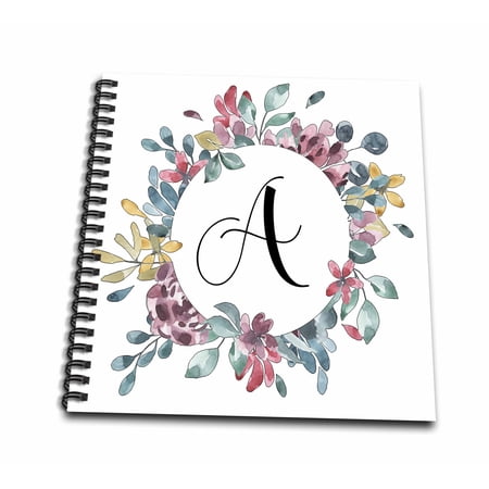3dRose, Pretty Purple and Blue Watercolor Floral Round Monogram Initial A, Mini Notepad 4 x 4 inch