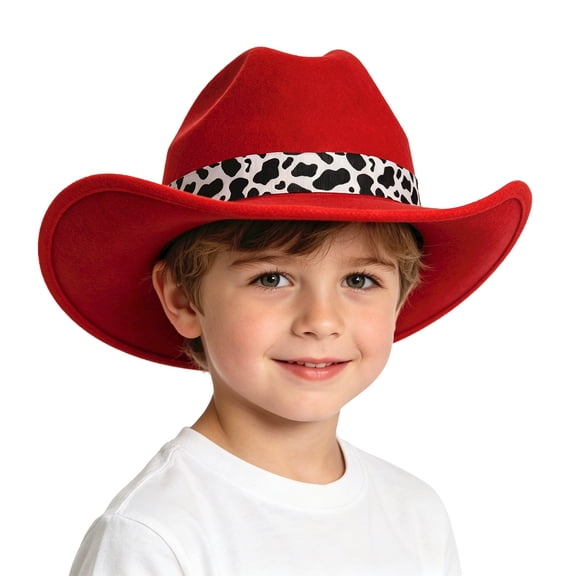 Lispipm Western Cowboy Hat for Kids Girls Boys Wide Brim Felty Vintage Cap with Cow Print Decorative Band Outdoor Windproof Hats Red 3-15 Years