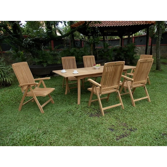 Teak Dining Set:6 Seater 7 Pc - 94" Rectangle Table And 6 Marley Reclining Arm Chairs Outdoor Patio Grade-A Teak Wood WholesaleTeak #WMDSMR8