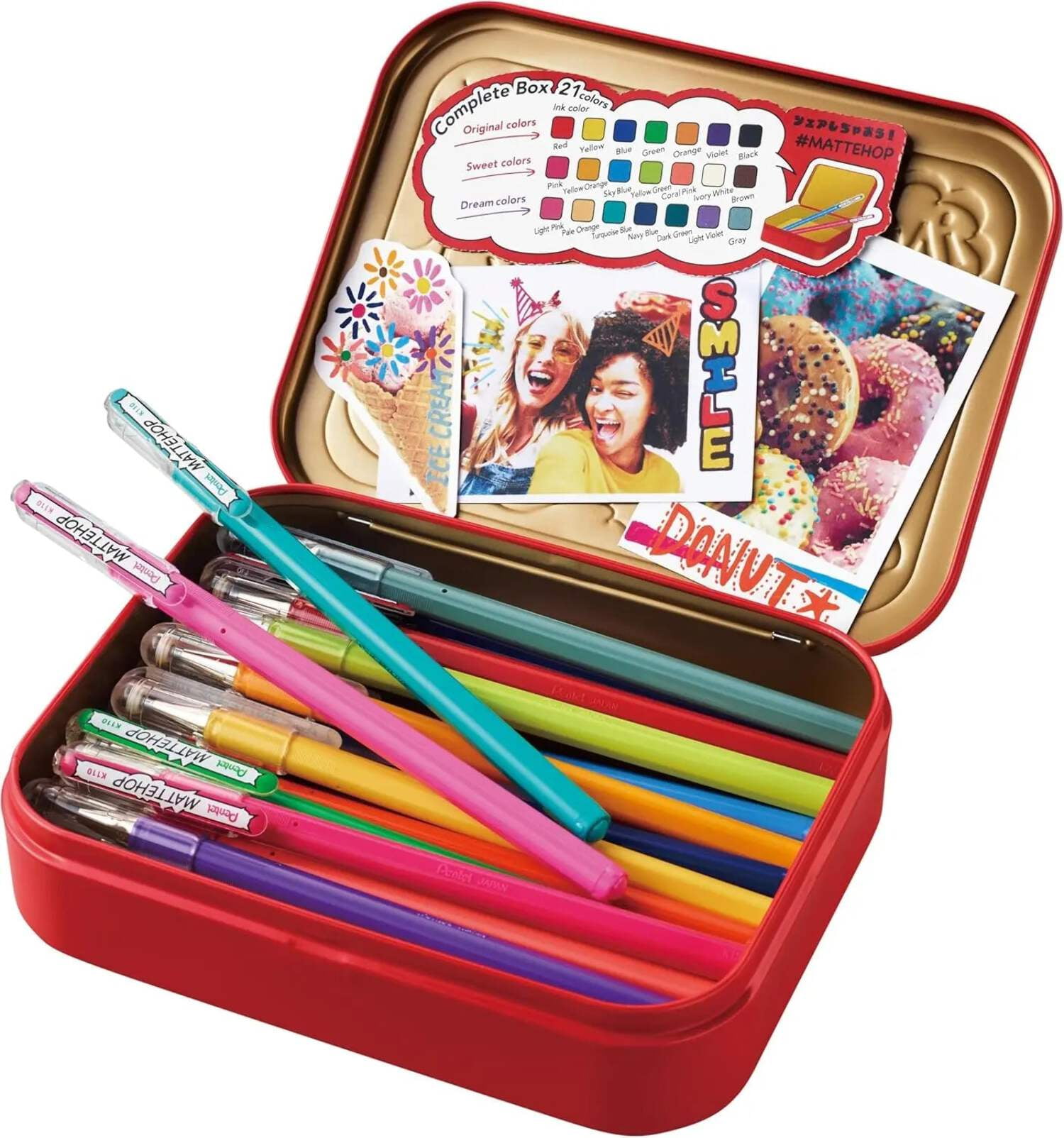 Pentel MATTEHOP Color Gel Pen Set, (1.0 mm), 21 Colors, with Metal Box