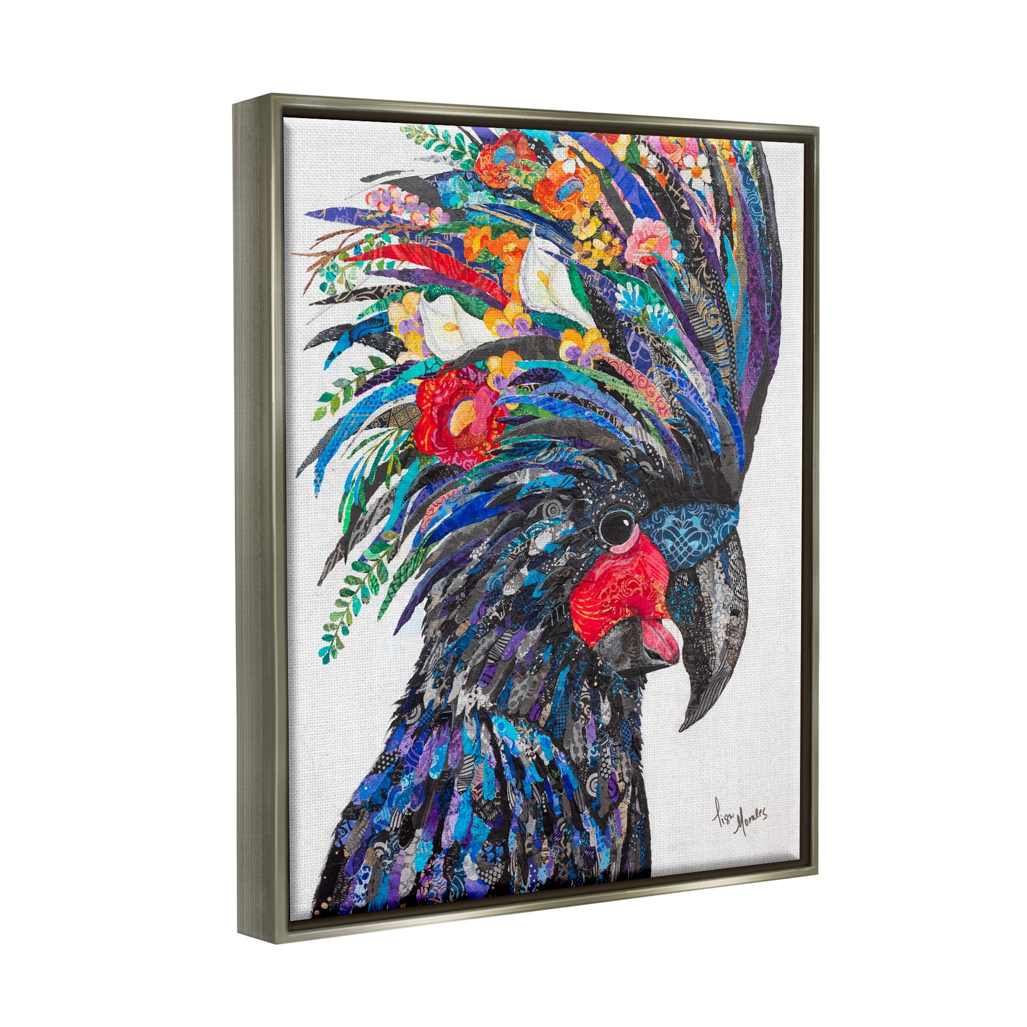 Stupell Industries Black Palm Cockatoo Bird Floral Pattern Collage Painting Luster Gray Floating Framed Canvas Print Wall Art, Design by Lisa Morales