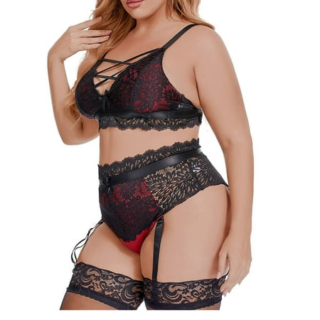 

EHTMSAK Womens Teddy Lace Lingerie Set with Garter Sexy Lingerie Strappy Babydoll Bra and Panty Sets Red 3XL