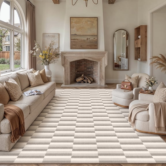 BERTHMEER 8'x10' Area Rugs for Living Room Large Gray and Beige Striped Pattern Rugs for Bedroom Office Machine Washable Farmhouse Dining Room Rugs Non Slip Modern Contemporary Geometric Carpets