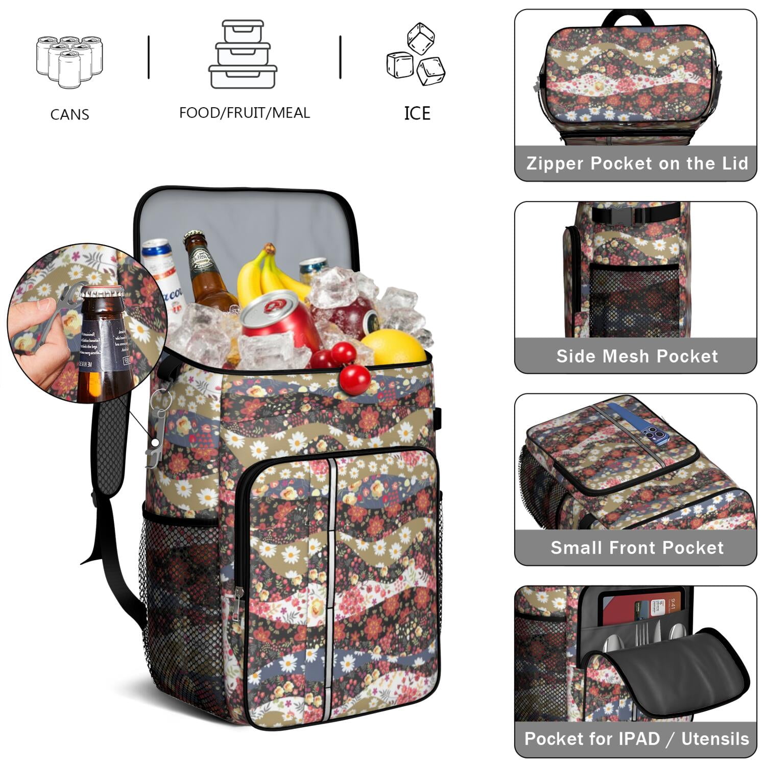 Travel Cooler Bag - Pioneer Flower Camping Beer Cooler Backpack with Bottle Opener- Waterproof Insulated Picnic Backpacks - Cooler Bag for Beach
