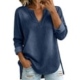 thumbnail image 2 of ClodeEU Women's V Neck Long Sleeve Denim Blouse,Loose Curved Hem Casual Jean Top Dark Blue,Women's Plus S, 2 of 8