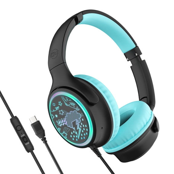 MEE audio KidJamz KJ65U Over-Ear USB-C Kids Headphones w/ LED Lights, Volume Limiter for iPhone & Other Type C Devices (Black)