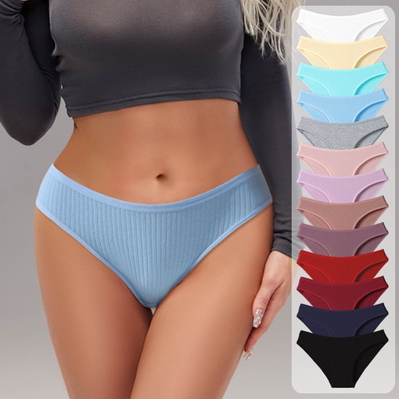 Lunuaoe Women's Ribbed Cotton Briefs, Mid-Low Waist Threaded Panties, Soft Breathable Everyday Underwear