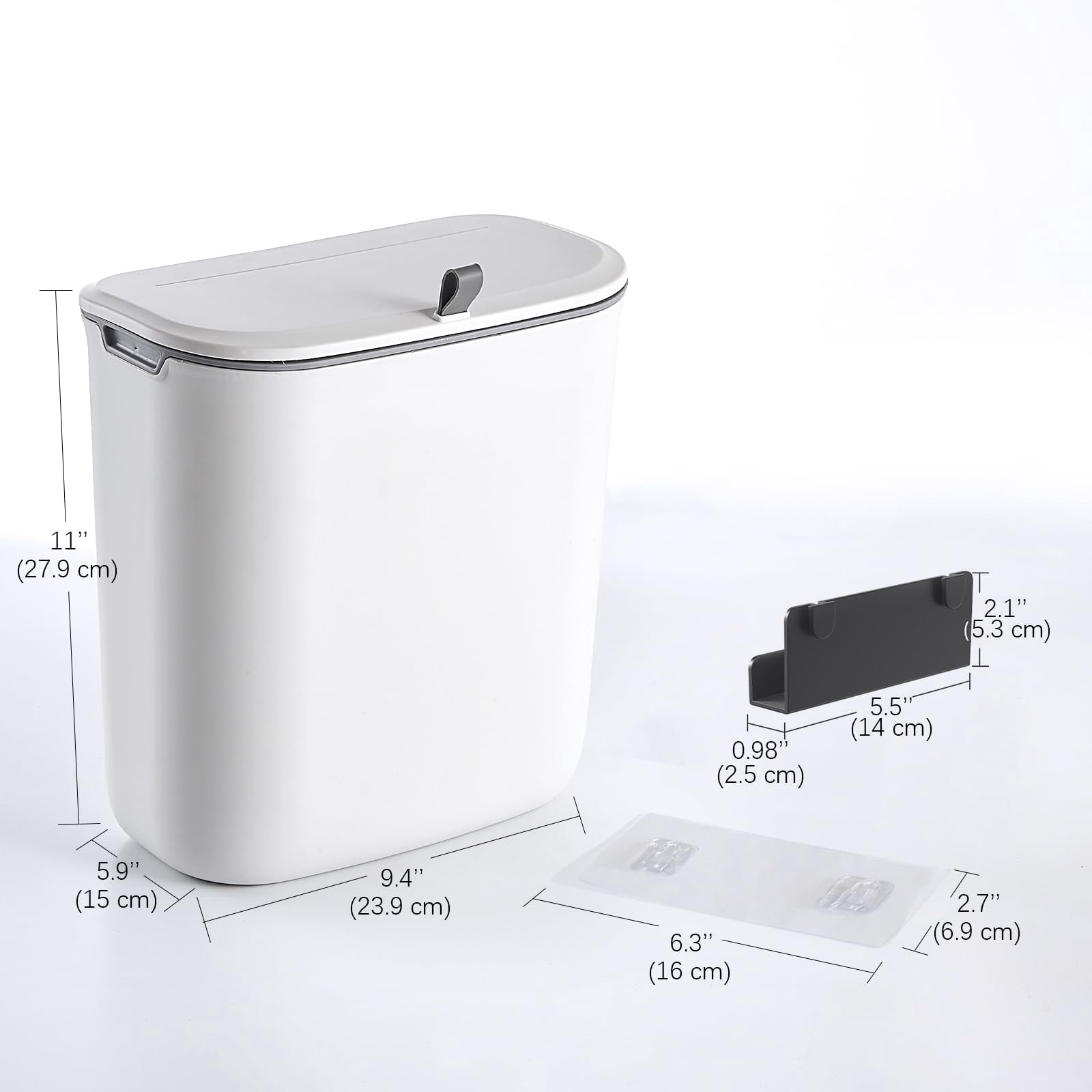 Kitchen Compost Bin, 2.5 Gallon Cabinet Door Hanging Trash Can, Bathroom Wall Sticking Trash Bin, No Fruit Flies Compost Bucket, Under Sink Trash Can Plastic Wall Mounted, White
