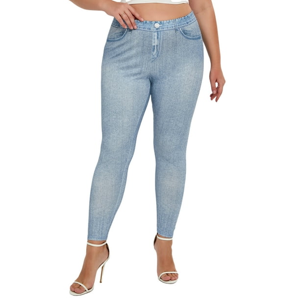 MAWCLOS Ladies Fake Jeans Skinny Faux Denim Pant High Waist Plus Size  Leggings Full Length Workout Tummy Control Pencil Pants Blue XL 