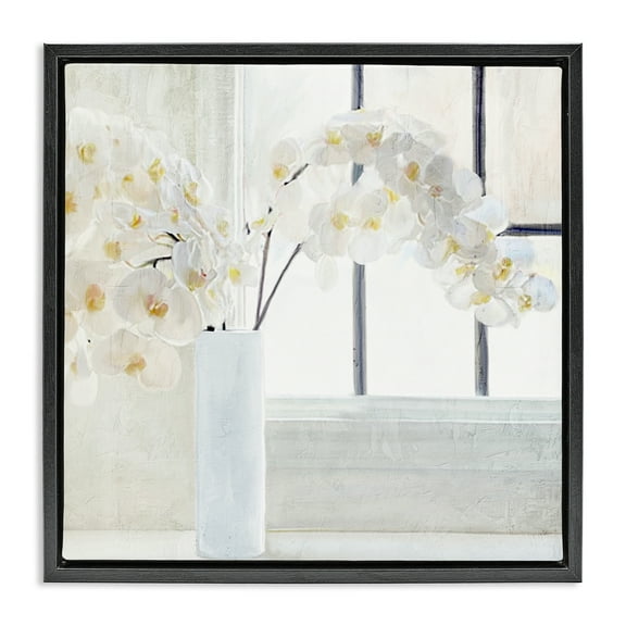 Stupell Industries Orchid Stems Windowsill Plants & Flowers Painting Black Floater Framed Canvas Art Print Wall Art, 18 x 18