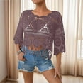 thumbnail image 5 of Women's Plain Fringe Trim Cut out Sheer Cover Up, Boho Scallop Trim 3/4 Sleeve Round Neck Cover up for Vacation, 5 of 5
