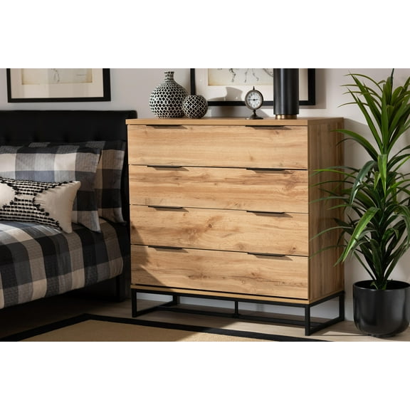 Baxton Studio Reid Modern and Contemporary Industrial Oak Finished Wood and Black Metal 4-Drawer Dresser