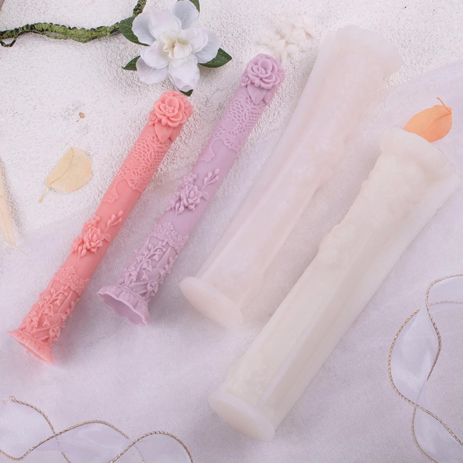 ABCISI Vintage Long Pillar Candle Mold, Intricate Floral Design, Silicone Mold for DIY Candle Making & Handmade Soap, DIY Wax Plaster Clay Craft Silicone Mold for Home Decorations Gift