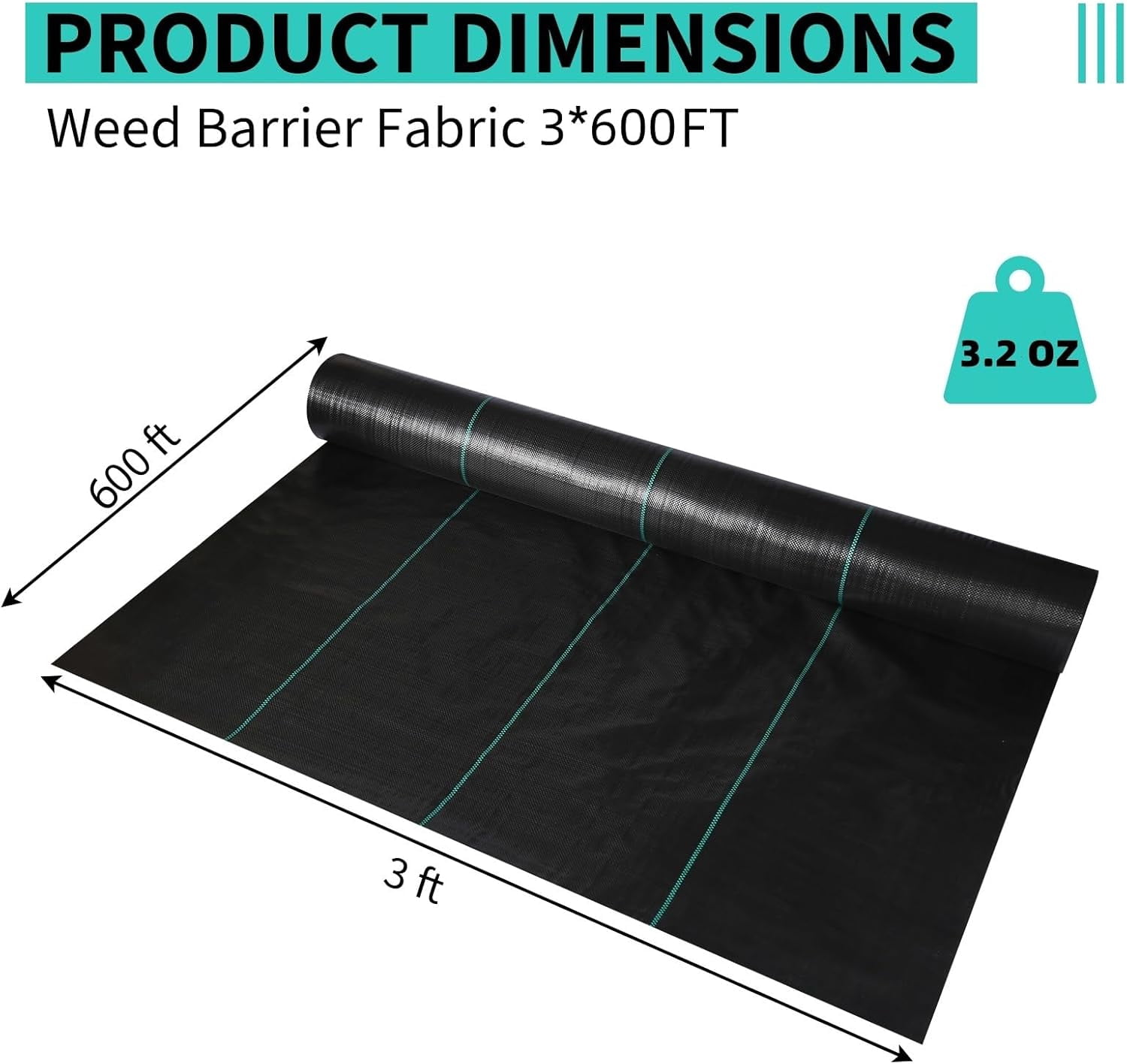 Riedhoff Weed Barrier Fabric 3' x 600', 3.2 oz, Black