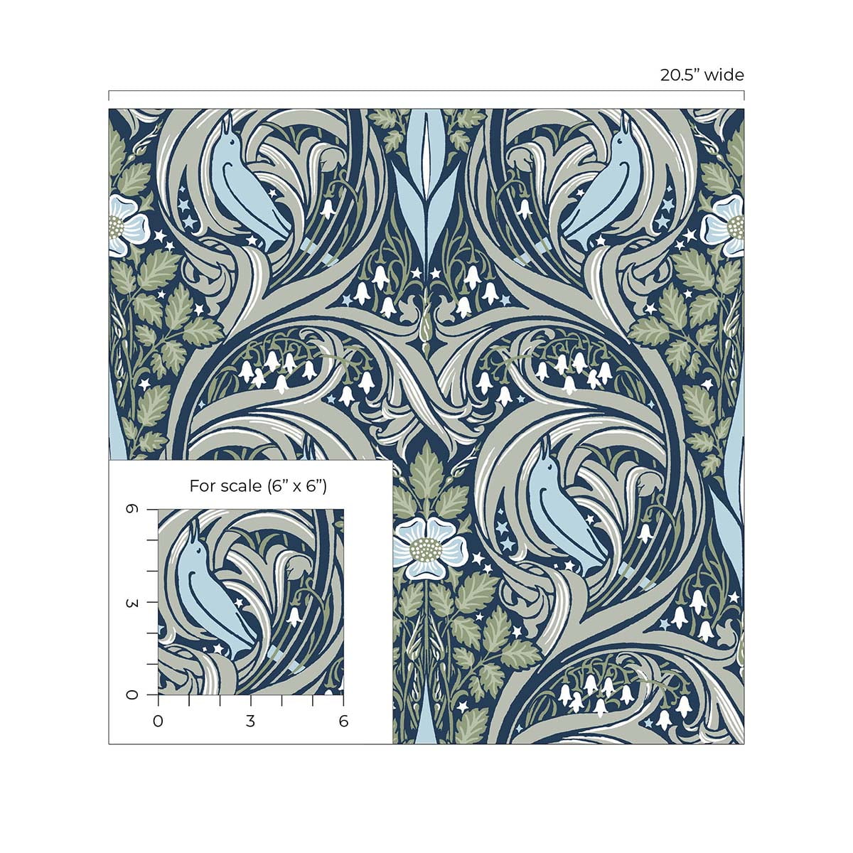 NextWall  Bird Ogee Peel and Stick Wallpaper 20.5 in. W x 18 ft. L - Navy & Fern Green