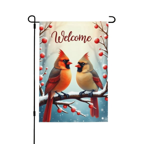 Welcome Winter Cardinal Birds Garden Flag 12x18 Inch Double Sided Snow Berries Branch Seasonal Yard Outdoor Flag Festive Holiday House Decor