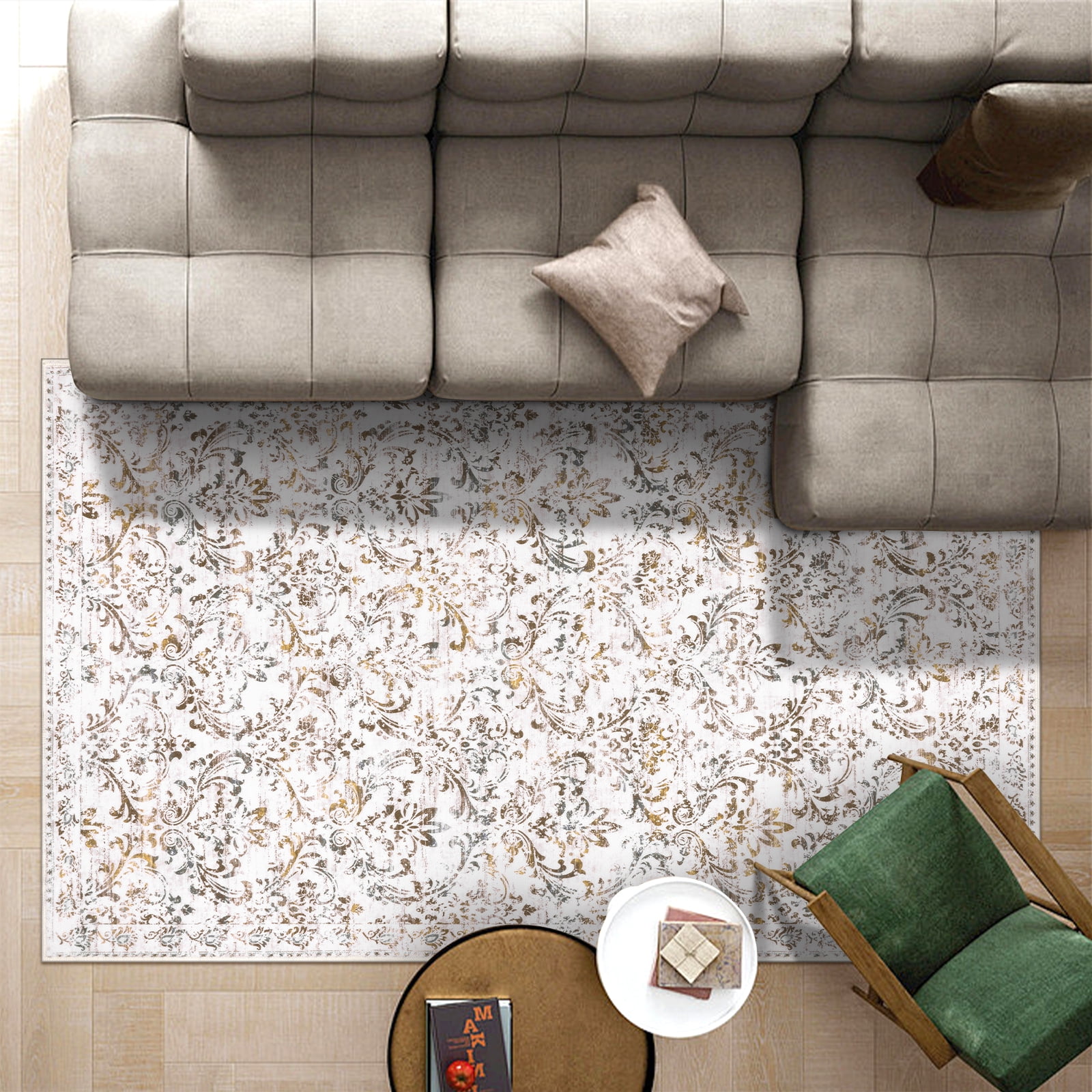 MeyJey 5'x8' Boho Traditional Area Rug, Vintage Distressed Machine Washable Throw Rug, Non-Slip Stain Resistant Oriental Carpet for Living Room Bedroom Dining Room Office, Beige/Taupe/Gray