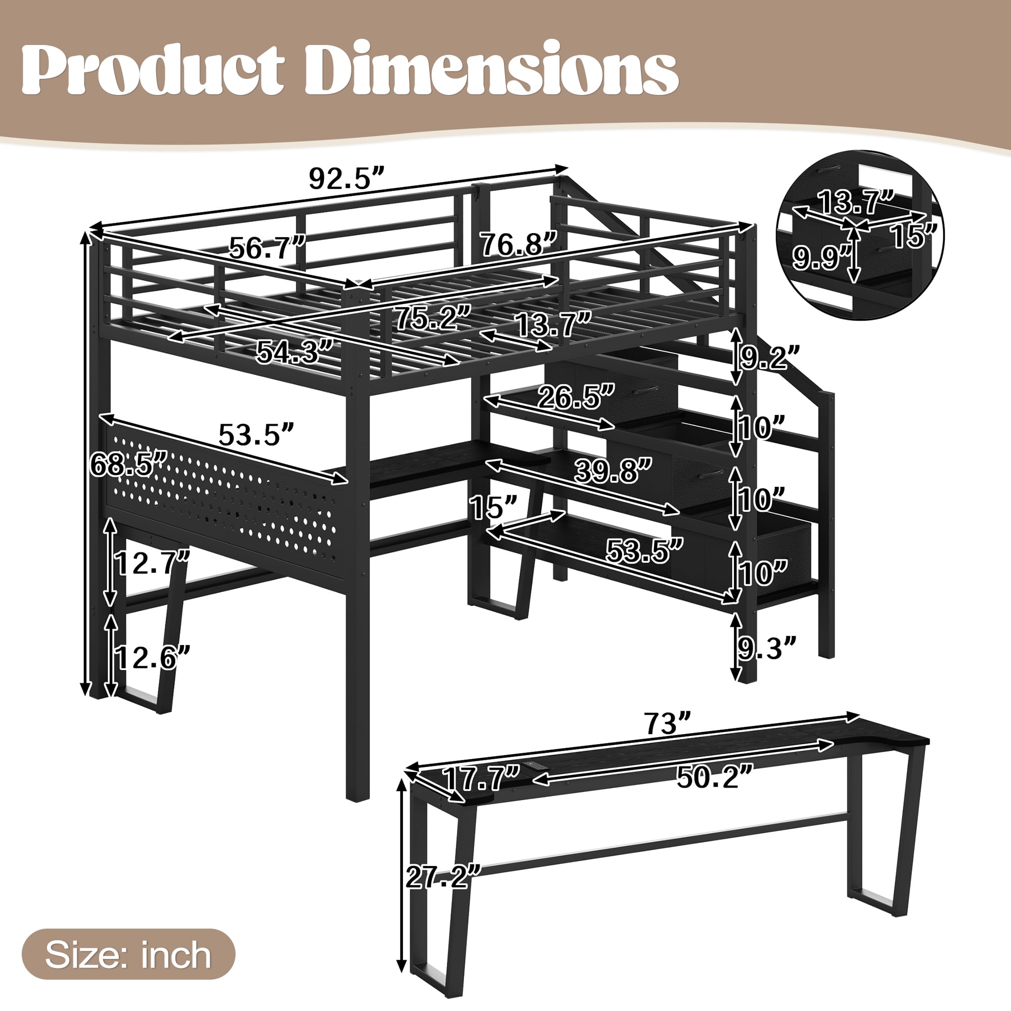 Leumius Full Size Loft Bed with Storage Stairs and Movable Desk with USB,Metal Loft Bed Frame with 3 Fabric Drawers and LED, Full-Length Guardrail and Pegboard,Black