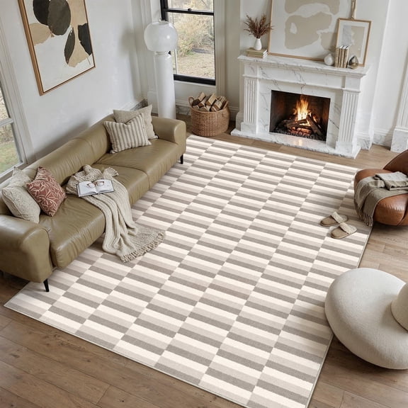BERTHMEER 8'x10' Area Rugs for Living Room Large Gray and Beige Striped Pattern Rugs for Bedroom Office Machine Washable Farmhouse Dining Room Rugs Non Slip Modern Contemporary Geometric Carpets