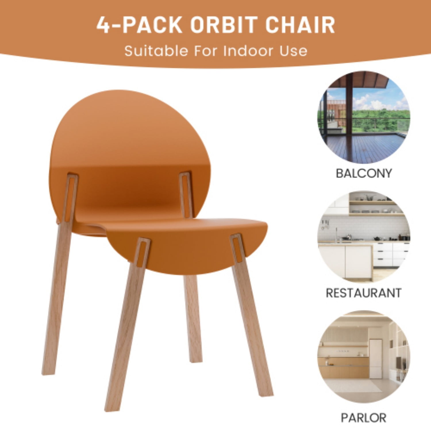 Dining Chairs Set of 4, Modern Kitchen Chairs with PP Seats & Solid Red Oak Wood Legs, 330 lb Capacity, Indoor Dining Room Living Room Chairs, Tropical Orange