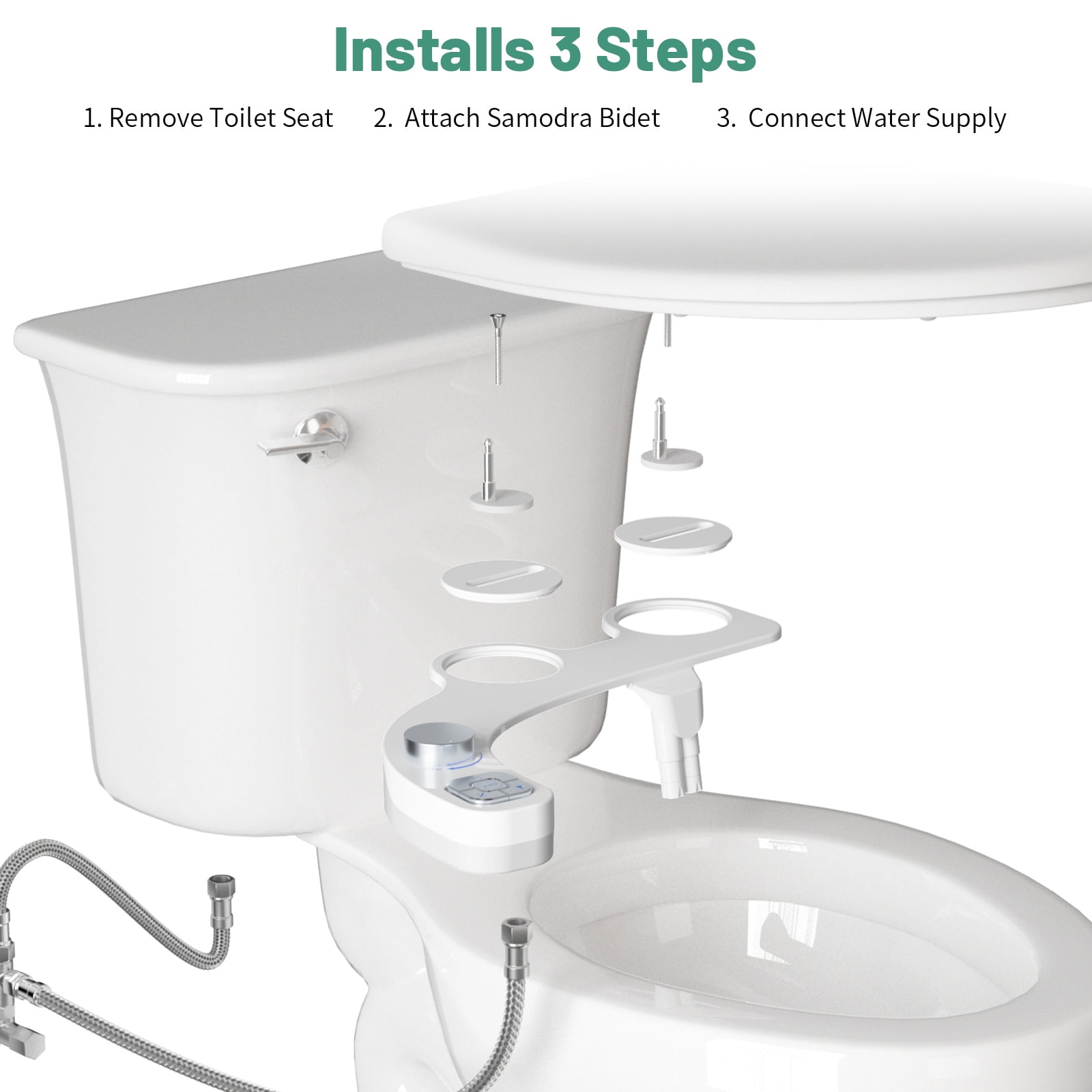 SAMODRA Non-Electric Bidet - Self Cleaning Dual Nozzle (Frontal and Rear Wash) Fresh Water Bidet Toilet Seat Attachment with Independent Adjustable Water Pressure (Classic Silver)