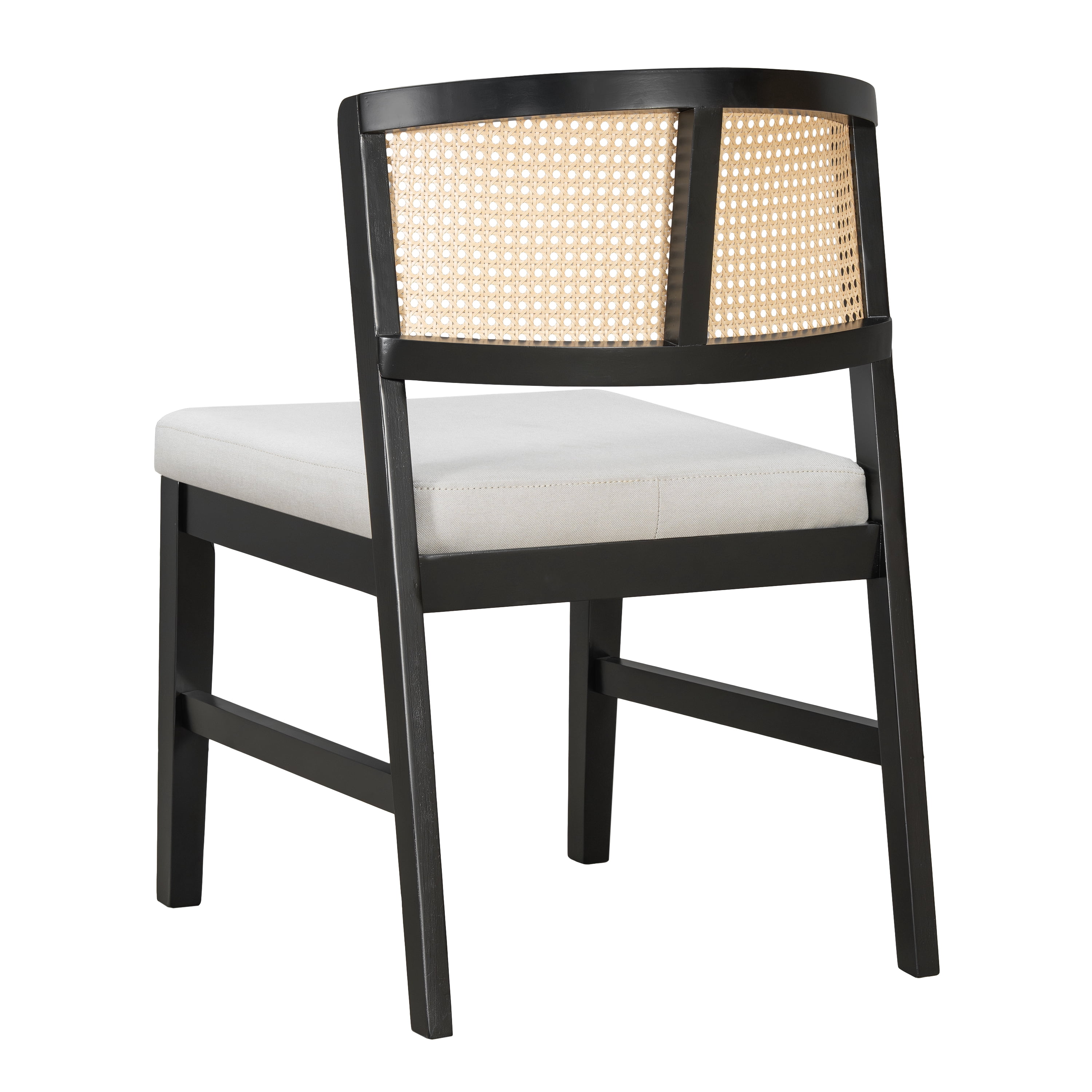 Dining Chair, Set of 2 Rattan Curved Backrest with Black Wood Frame and Beige Upholstered Seat, for Kitchen Dining Room Restaurant