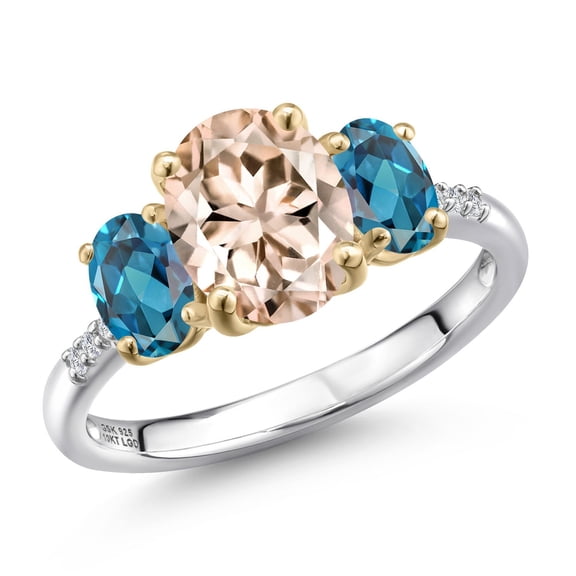 Gem Stone King 925 Silver and 10K Yellow Gold Peach Morganite and London Blue Topaz and Lab Grown Diamond Engagement Ring for Women | 2.86 Cttw | Oval 9X7MM | October Birthstone | Size 7