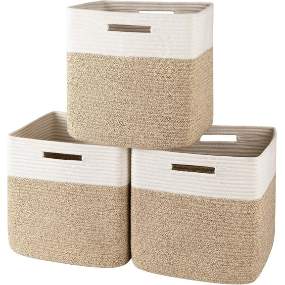 13 Kallax Inch Cube Storage Bins, 3-Pack Cotton Rope Woven Baskets for Organizing, Kallax Insert Storage Baskets for Shelves, Baby Nursery, Closet Organizer, 13*13*12.6IN, Brown & White