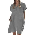 thumbnail image 1 of Robes d'Été Décontractées en Lin pour Femmes Manches Courtes Col à Revers Boutons T-Shirts Courts Robe Tendance Col en V Poches Robe Droite, 1 of 7