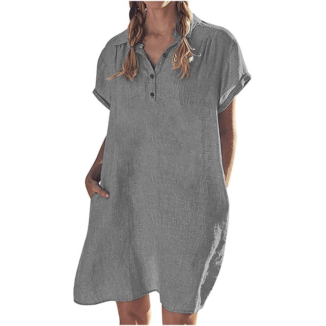 Robes d'Été Décontractées en Lin pour Femmes Manches Courtes Col à Revers Boutons T-Shirts Courts Robe Tendance Col en V Poches Robe Droite