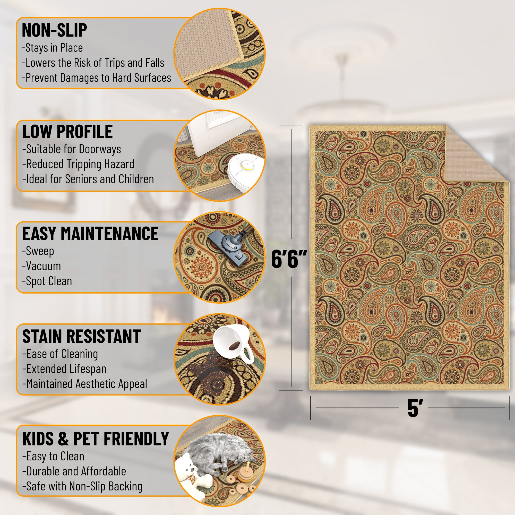 Ottomanson Paisley Area Rug 5' x 6'6" - Non Slip Low Pile Carpet, Beige