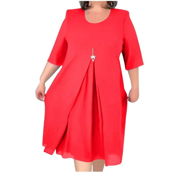 Women's Clearance Tiered Ruffle Round Neck Hollow Button Fall Dress Long Sleeve Pleated Backless Spring Casual Chiffon Workout Summer Tea Length A Line Dress Fashion Red L