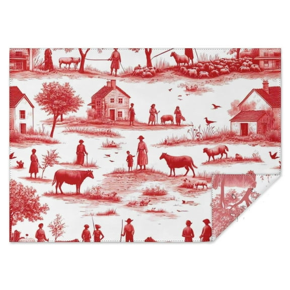 Red Toile Pattern Sheep Herders Dogs Houses Rectangle Tablecloth 60"x84",Waterproof Polyester Rectangle Table Cloth, Wipeable Spillproof Polyester Tablecloth for Dining, Camping, Indoor and Outdoor