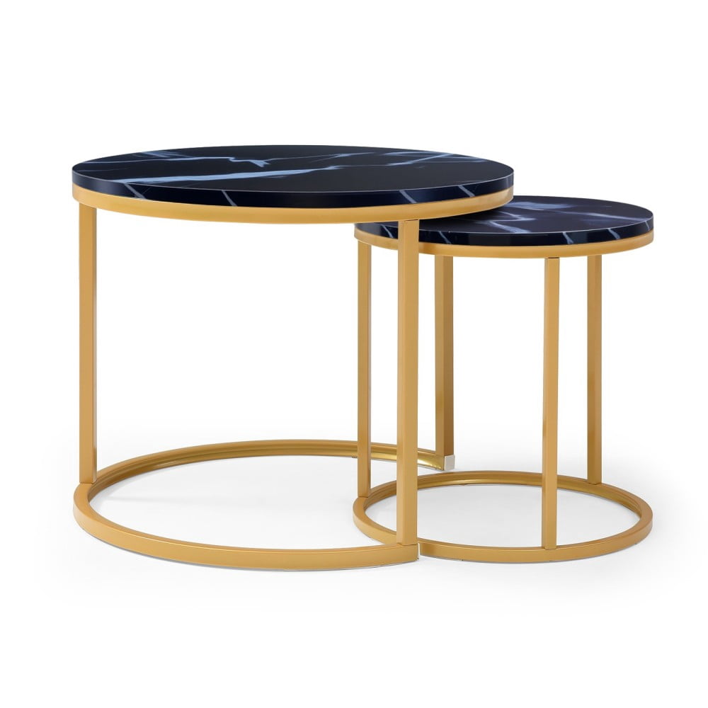 Set of 2 Nesting Coffee Tables, Black Round Marble-Look Wood Top with Gold Metal Frame, Modern Industrial Side Tables, End Tables for Living Room, Bedroom