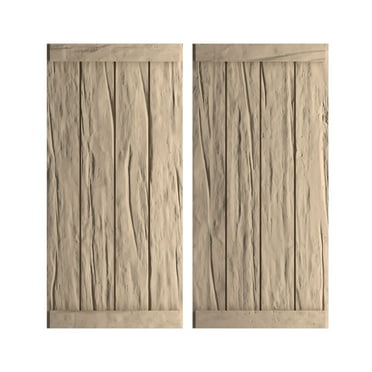 Ekena Millwork 22"W x 68"H Rustic Four Board Joined Board-n-Batten Riverwood Faux Wood Shutters w/End Batten (Per Pair), Primed Tan