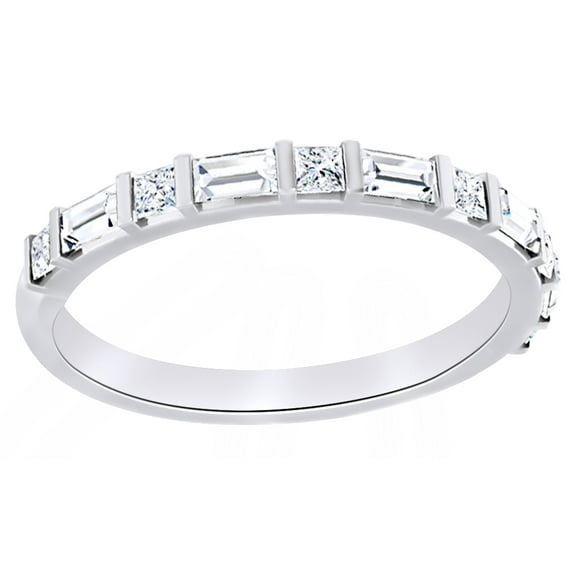 AFFY Princess & Baguette Cut White Natural Diamond Band Ring In 14K Solid White Gold (0.5 Ct)