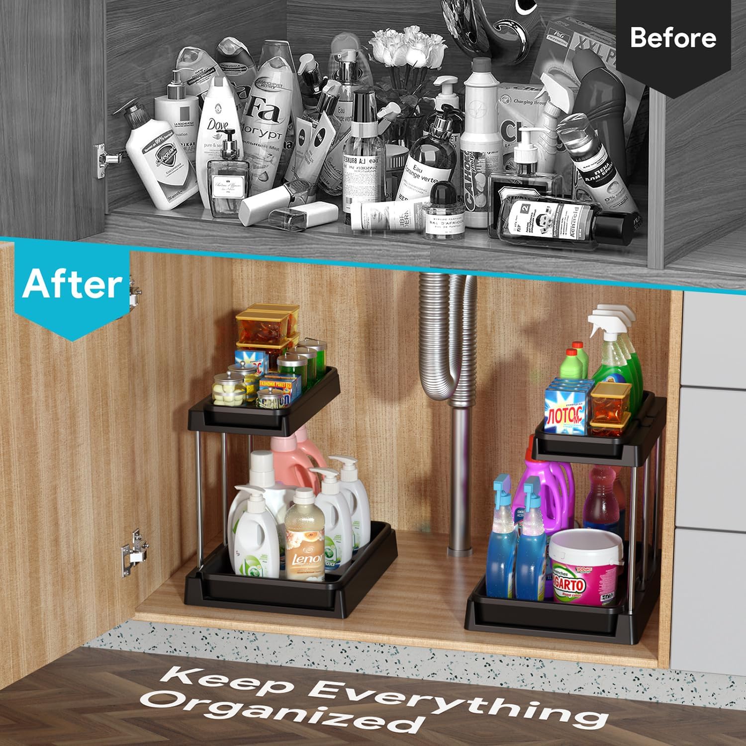 2-Tier Under Sink Organizers and Storage, Sliding L-shape Under Bathroom Kitchen Cabinet Organizers Narrow Space Sink Organizer