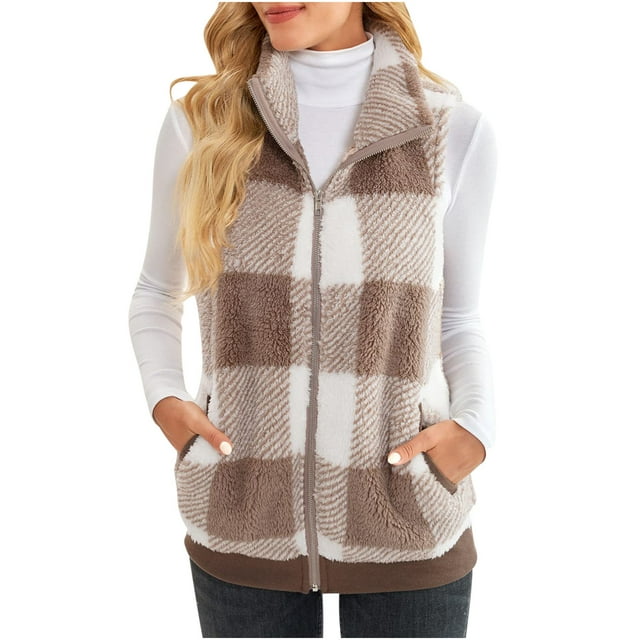 DPTALR Cardigan Patchwork à Carreaux pour Femmes, Ouvert à l'Avant, Sans Manches, Manteau en Peluche, Hauts