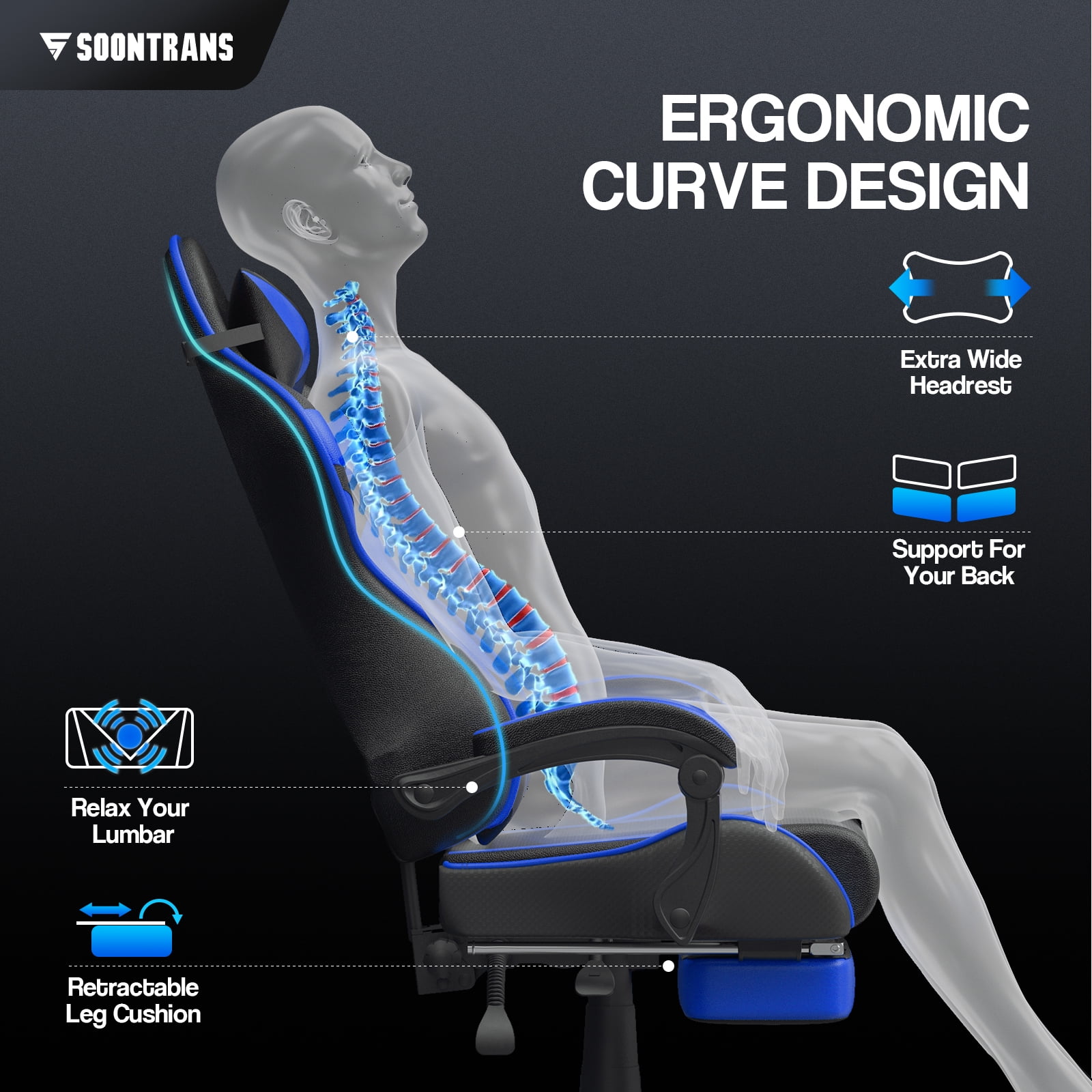 Luxvie Gaming Chair with Footrest High Back Ergonomic Game Chair with Massage Lumbar Pillow and Adjustable Headrest Reclining Gamer Office Chair for Adults, Blue