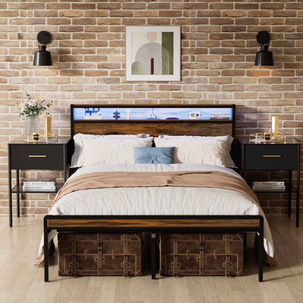 Storage Headboard Bed Frame - Charging Station, Easy Assembly