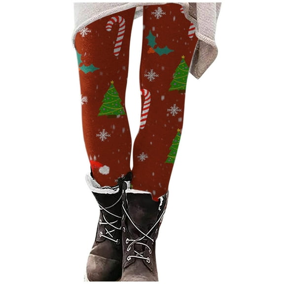 Women's High Waisted Pants Ankle Length Christmas Printed Brushed Leggings Soft Warm Winter Stretchy Slim Fitted Pants
