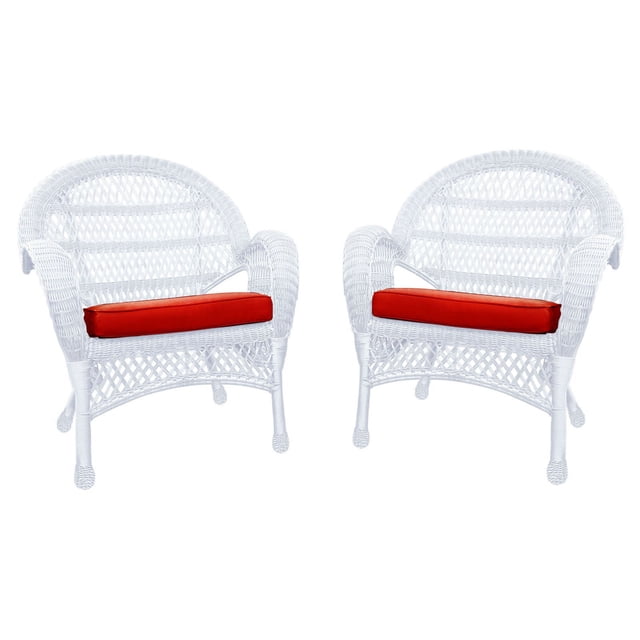 Jeco Chaise en Osier Blanche avec Coussin Rouge - Ensemble de 4, Blanc