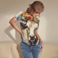 thumbnail image 3 of Saiise Combinaison Courte à Manches Courtes pour Femmes, Motif Vache Fleurie Style Peinture à l'Huile, Pyjama à Col Rond, Justaucorps Extensible avec Fermeture à Boutons-Pression - X-Grand, 3 of 7