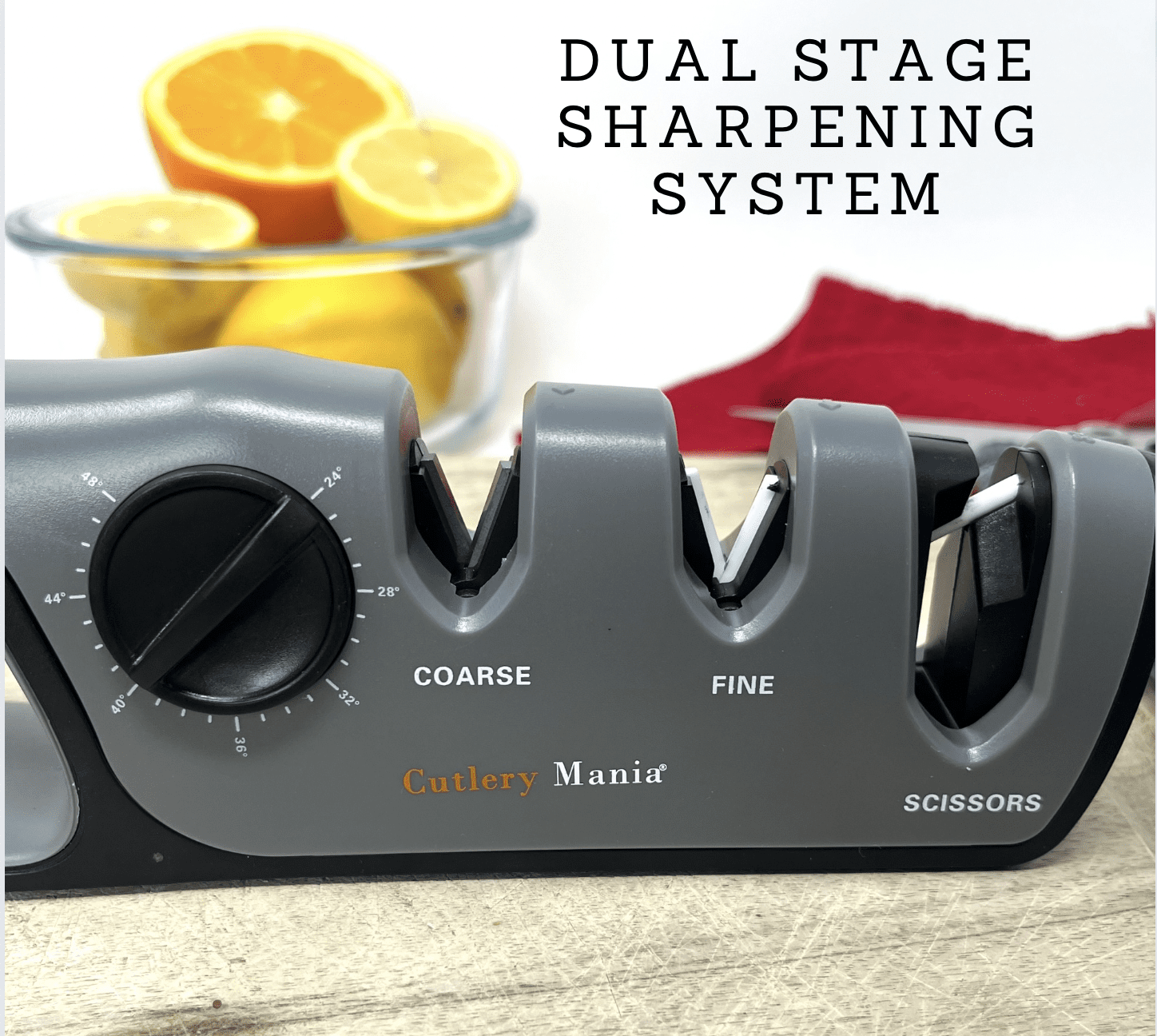 Cutlery Mania Adjustable Angle Kitchen Knife & Scissor Sharpener | Dual Stage Sharpening System | Tungsten Steel, Diamond and Ceramic Sharpeners