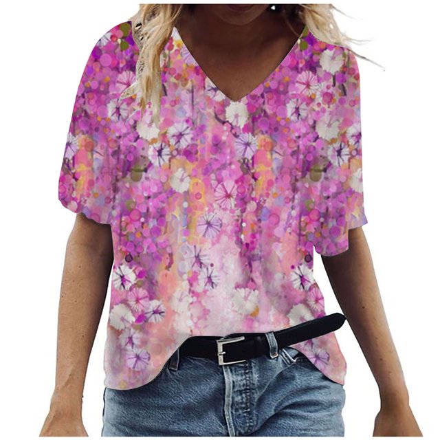 Birdeem T-Shirt à Col en V pour Femmes, Mode Décontractée, Grande Taille, Imprimé de Fleurs Pittoresques