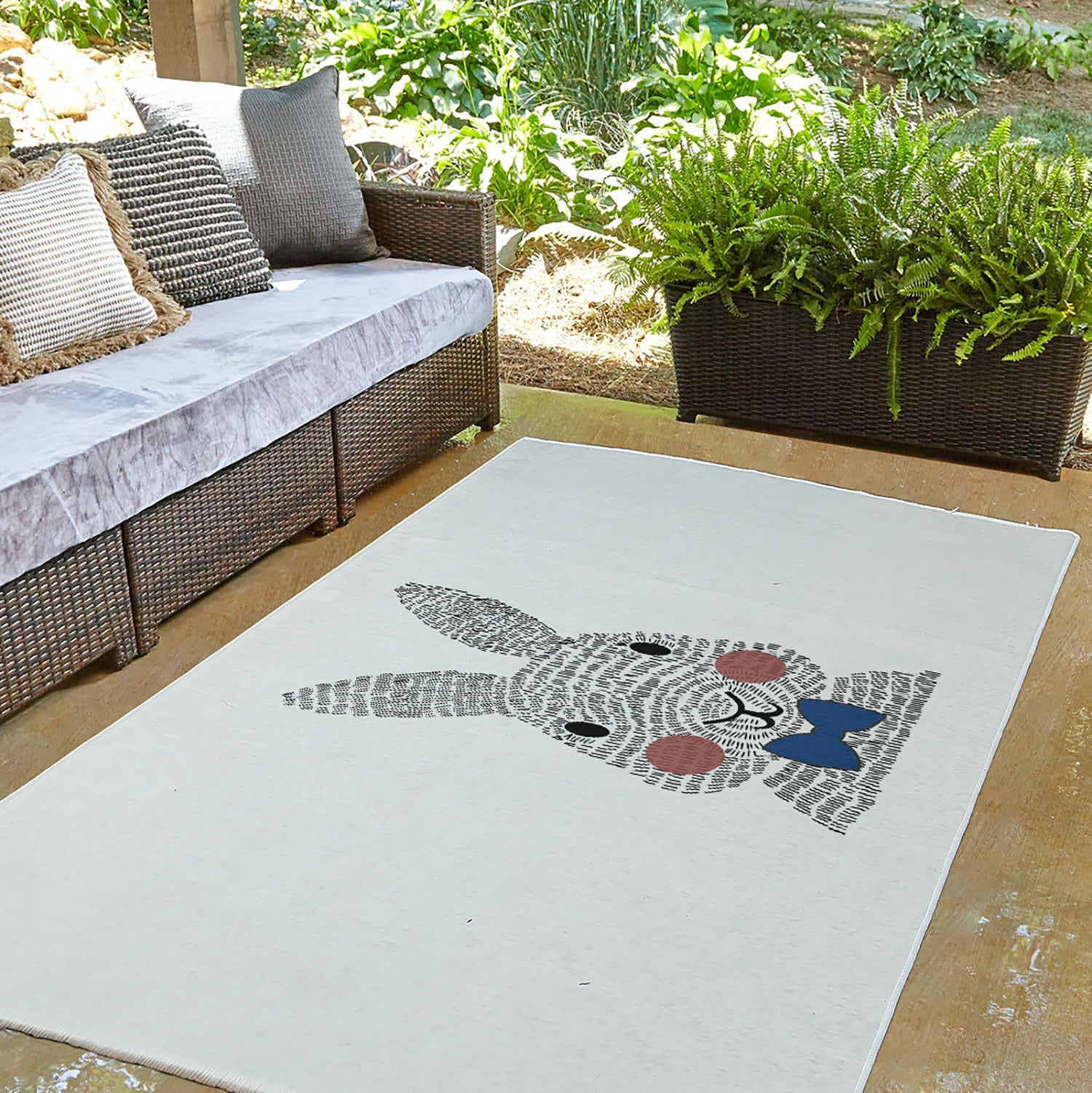 Simply Daisy 3' x 5' Dark Cobalt Blue Bow-tie Bunny Easter Chenille Indoor/Outdoor Rug