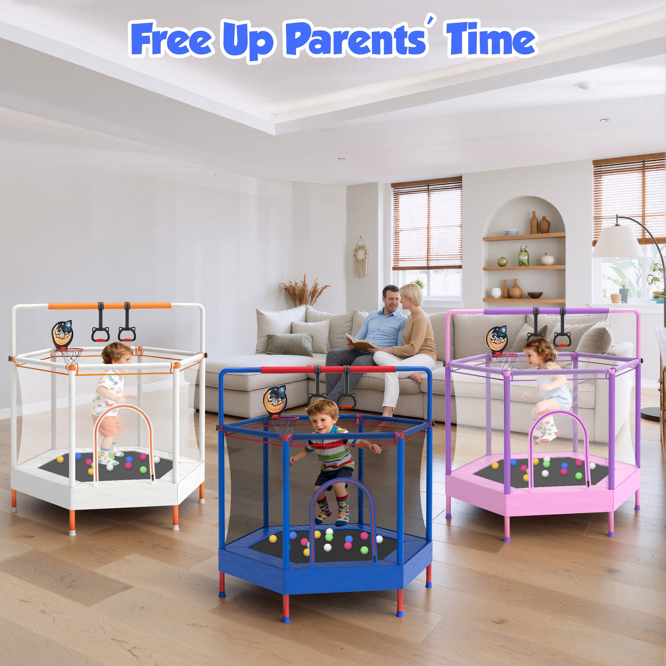 60" Mini Trampoline for Kids with Enclosure, Shinpt Indoor & Outdoor Toddler Trampoline, Upgrade Full Anti-Rust Tube with Adjustable Gymnastics Bars, Small Trampoline for Boys & Girls