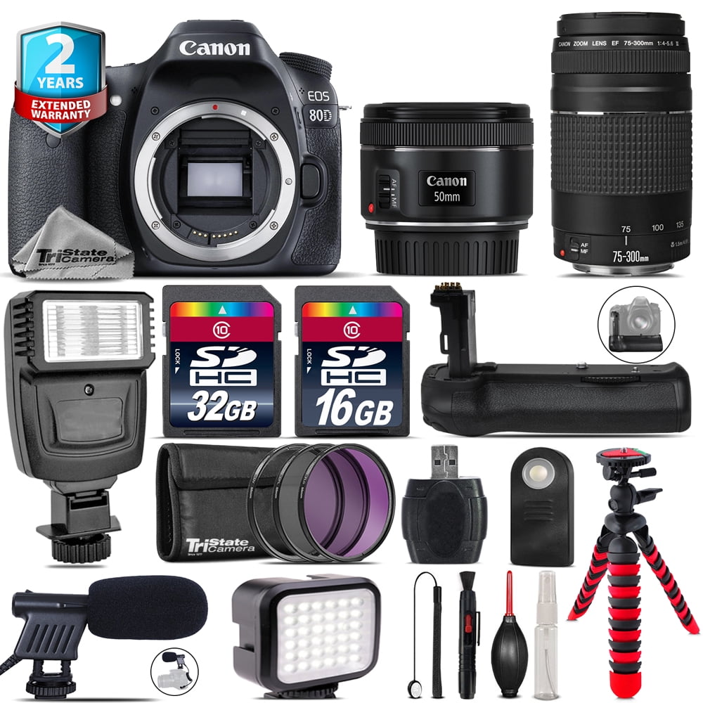 Canon EOS 80D DSLR + 50mm f/1.8 IS STM + 75-300mm III + LED Kit + Flash ...