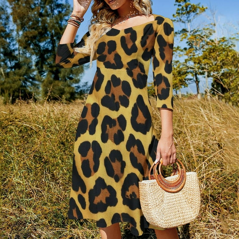 Golden Yellow Leopard Print Fabric Women's 3/4 Sleeve Dresses Elegant  A-Line Midi Dress Flare Summer Casual Sundress - Walmart.com